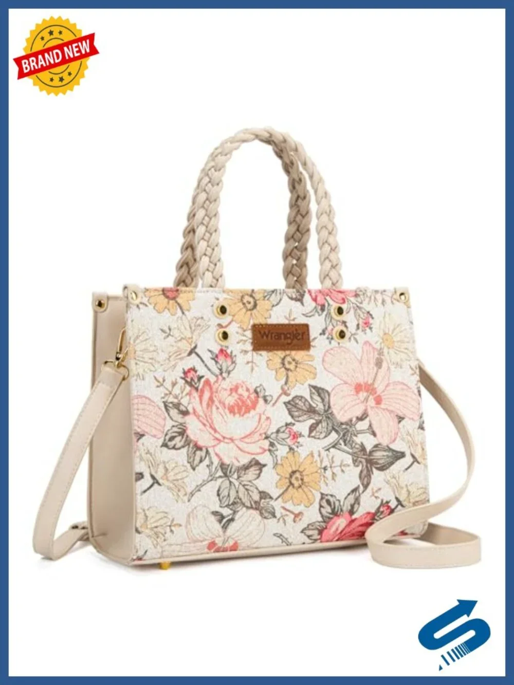 Floral Print Braided Tote with Detachable Strap - Faux Leather 11.3